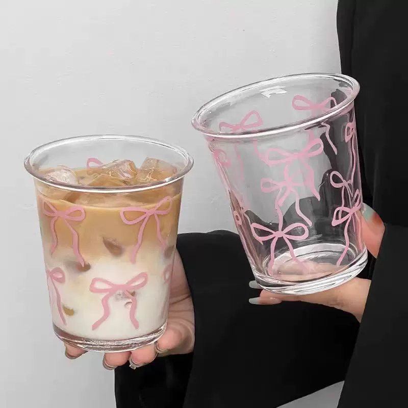 代发少女咖啡杯可爱翻口粉色蝴蝶结高颜值水杯玻璃杯办公室杯子