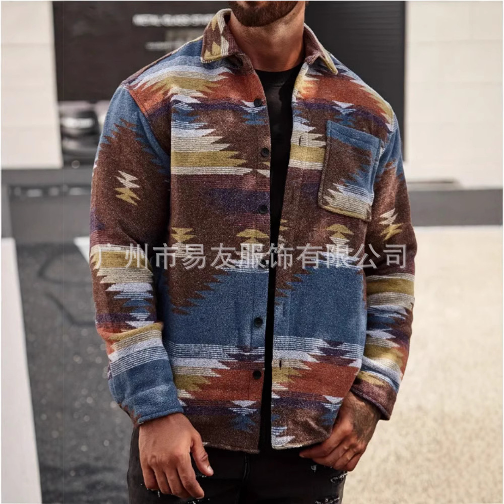 Amazon 2023 Otoño e Invierno Nuevos hombres europeos y americanos de un solo cuello de pecho patrón geométrico Jacquard abrigo de lana de los hombres de cercanías