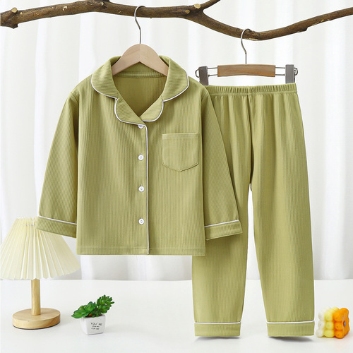 New children's velvet pajamas, medium and large children's home clothes suits for boys and girls, autumn and winter long-sleeved lapel home clothes