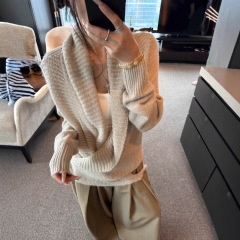 卡其色设计感交叉绑带毛衣开衫女秋季韩系松弛感休闲宽松外套上衣