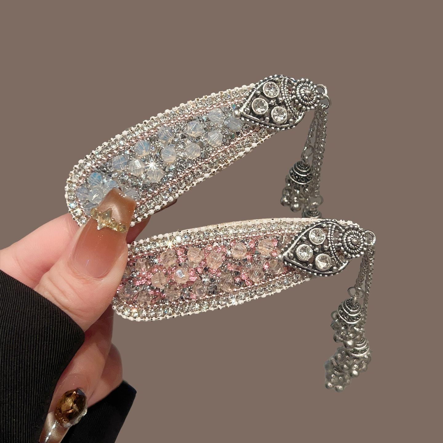 璀璨星河~黑曜石闪钻名族风铃铛流苏发夹女高级感甜美前额侧边夹