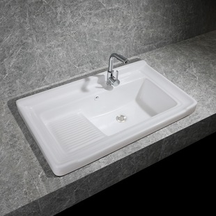 Ceramic Laundry Basin with Washboard Bathroom Countertop Counter Basin Semi-embedded Sink Household Wash Basin Single Basin