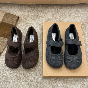 Woolen Shoes High-grade Grey fleece-lined Shoes 2024 Warm Cotton Shoes Women's French Style Autumn and Winter Mary Jane Woolen Shoes