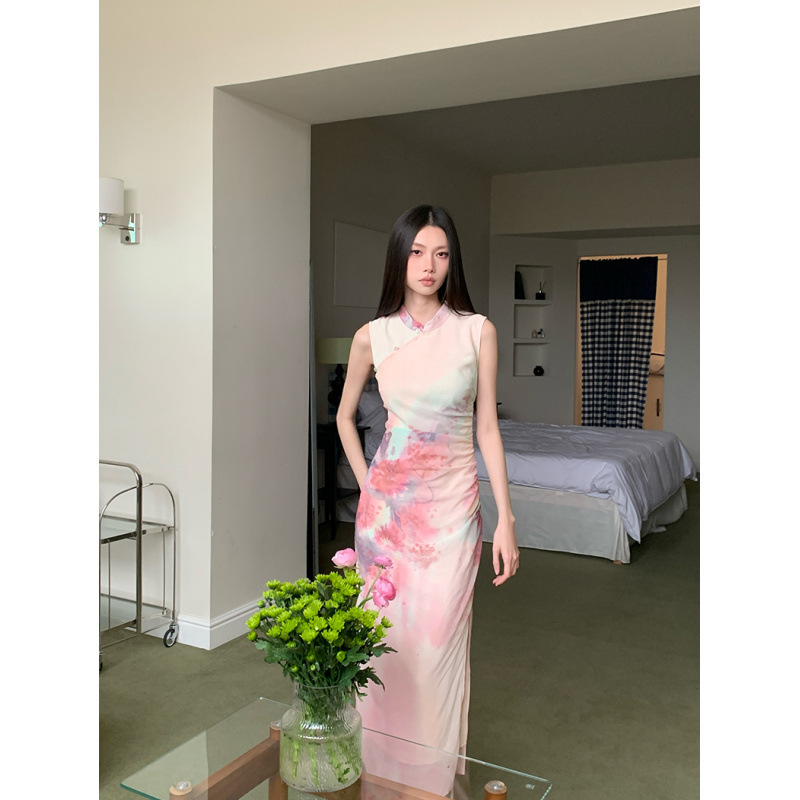 Real Shot of In-Stock Watercolor Peony Mesh Cheongsam Without Collar, Non-Stretch Real Shot of In-Stock Watercolor Peony Mesh Cheongsam Without Collar, Non-Stretch