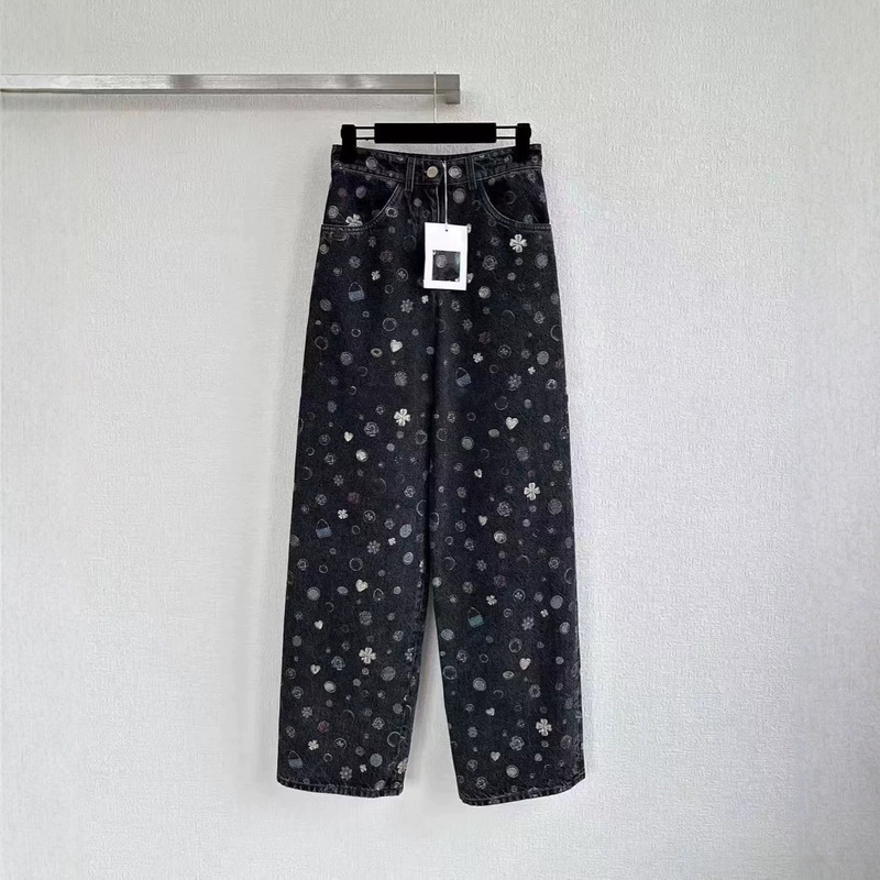 Shenzhen Nanyou Goods~25 Autumn/Winter New Collection: Women's Black Printed Wide-Leg Jeans in Chanel Style