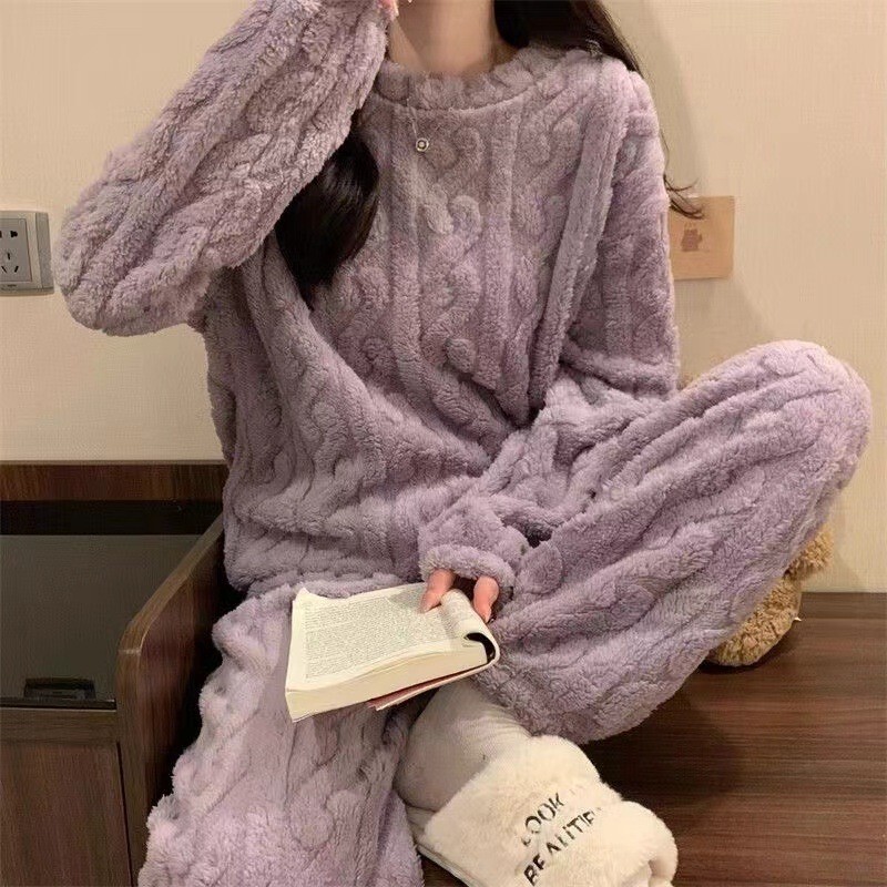 秋冬款珊瑚绒提花套装睡衣家居服女加绒加厚保暖套装长袖长裤套装|undefined