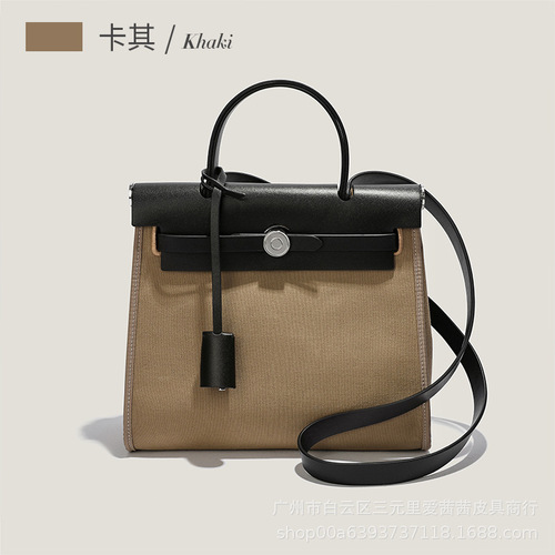 New niche herbag Kelly bag canvas shoulder portable crossbody bag high-end commuter tote genuine leather women's bag