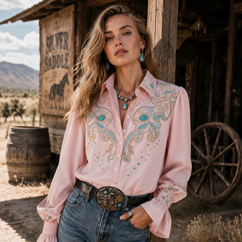 2026 New American Western Style Women's Shirt, Turn-down Collar, Flared Long Sleeves, Cowboy Style Vintage Shirt, Cross-border Women's Clothing 2026 New American Western Style Women's Shirt, Turn-down Collar, Flared Long Sleeves, Cowboy Style Vintage Shirt, Cross-border Women's Clothing