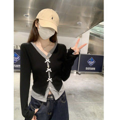 设计感假两件蝴蝶结长袖恤女秋新款别致减龄显瘦雅致甜美灵动上衣