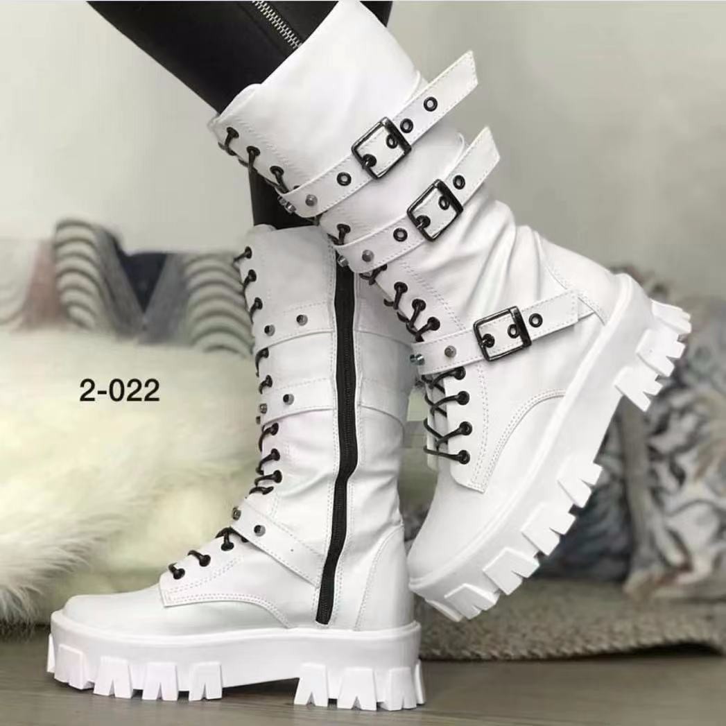 El Comercio exterior transfronteriza botas de cuero de las mujeres otoño Mediados de talón hebilla de cinturón británico estilo punk guapo largo Caballero botas estación independiente