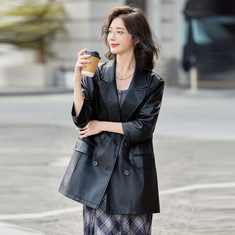 高级感绵羊皮皮衣女2025新款时尚休闲西装领女士双排扣中长款外套|undefined