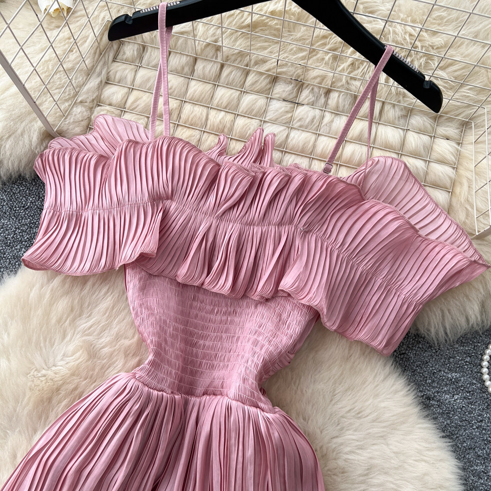 French Style Off-Shoulder Spaghetti Strap Dress Korean Waist Cinching Summer Elegant Long Dress for Vacation_ecoleips.com