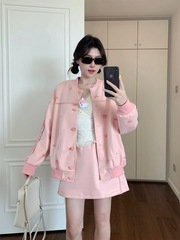 粉色蝴蝶结刺绣棒球服外套蕾丝打底衫女秋季套装高腰半身裙三件套