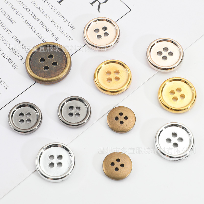 In-Stock Supply of Four-Eye Thin Edge Electroplated Buttons, Plastic Thin Edge Electroplated Buttons in Gold, Bronze, and Silver In-Stock Supply of Four-Eye Thin Edge Electroplated Buttons, Plastic Thin Edge Electroplated Buttons in Gold, Bronze, and Silver