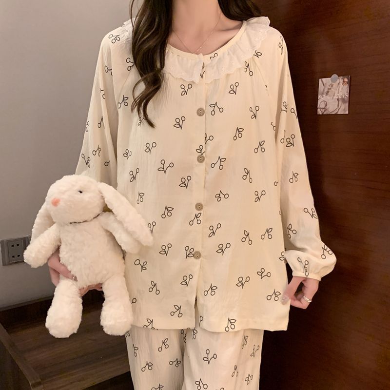 Al por mayor transfronterizo primavera y otoño nuevo algodón nubes ropa de hogar pijamas cardigans encaje conjunto casual con cojín de pecho