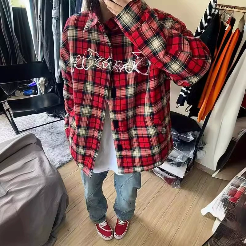 Американская ретро бордовая красная клетчатая рубашка мужские длинные рукава высокого уровня чувство куртка hiphop западное побережье вышитая рубашка весна