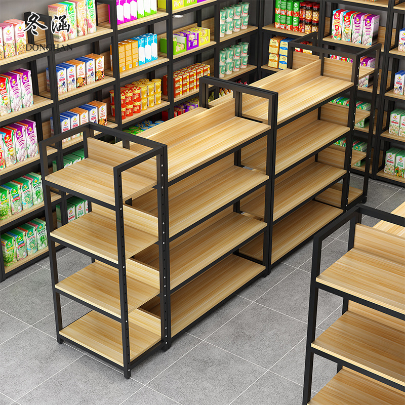 双面超市货架零食化妆品陈列中岛柜便利店产品样品多层钢木展示架