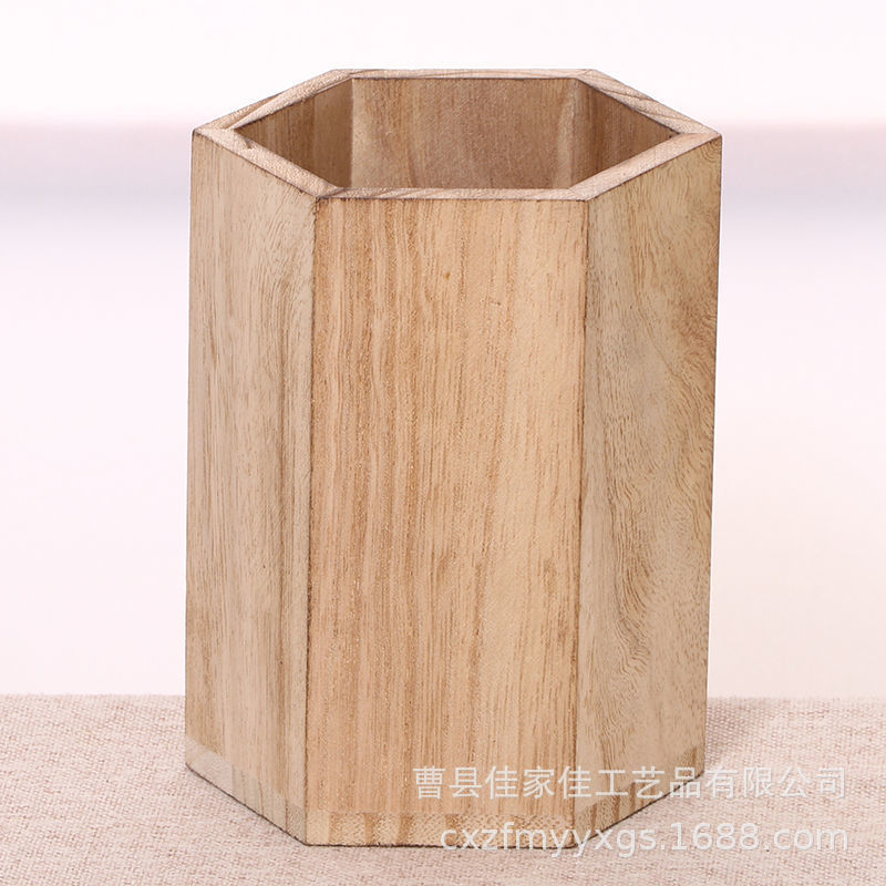 로그 색상 시카모어 우드 육각형 펜 용기 (12*9cm)