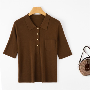 Soft waxy texture! German Yangtze Yarn Artistic Retro POLO Collar Worsted Wool Short Sleeve Sweater for Women