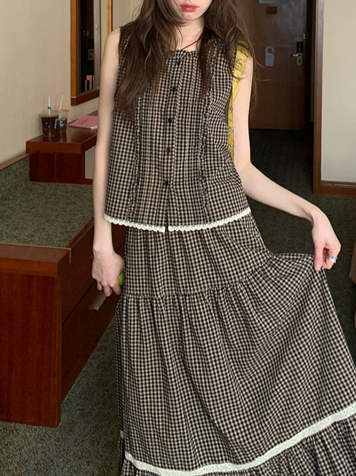 RAIY 甘いルーズガーリーレーススーツ夏の女性のチェック柄ベストとスカートの2点セット|undefined