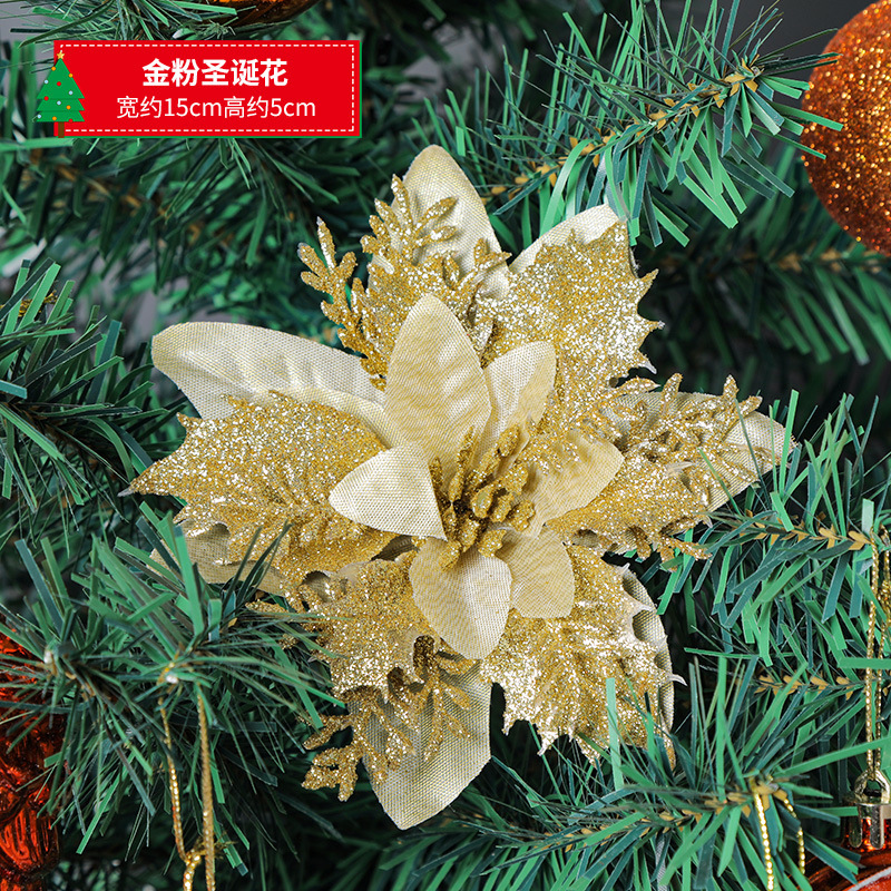 Adornos navideños transfronterizos Flores navideñas rojas doradas Adornos del árbol de Navidad Espolvorear accesorios de flores en polvo hechos a mano Decoración de la escena
