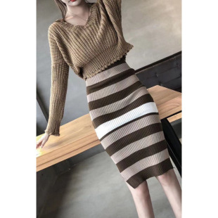 2025 New Autumn and Winter Korean Style Retro Hyuna Two-Piece Suit Skirt Collar Versatile Short Sweater + Stripesd Dress