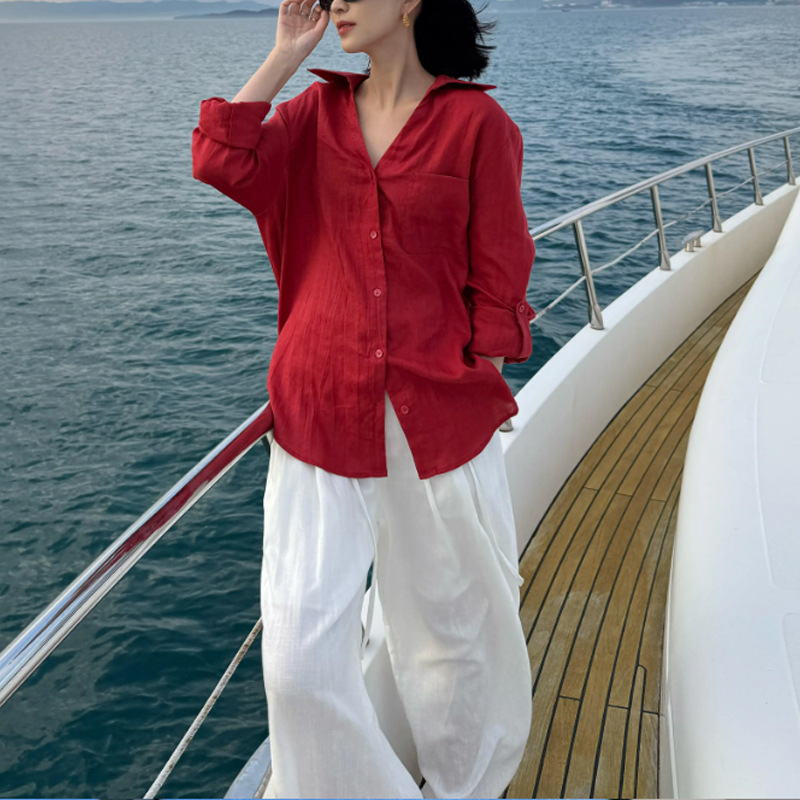 Áo sơ mi nữ linen tay ngắn phong cách nghỉ mát, thiết kế chống nắng thoải mái — màu đỏ chi tiết 3