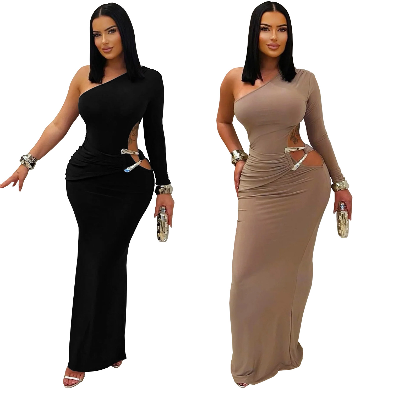 C7543 Aliexpress transfronterizo Amazon Europa y América moda de mujer sexy de hombro inclinado de manga única delgada vestido de color sólido image 6