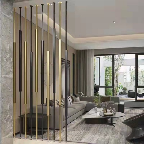 Stainless steel screen partition with titanium gold hollow carved floral pattern hotel floral lattice modern metal Chinese style living room entrance double artificial mountain