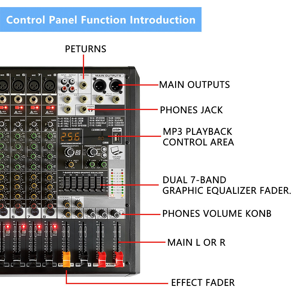 GAX-MD8 8 채널 블루투스 USB 오디오 장비 무대 성능 8 채널 DSP 효과 믹서 리버브