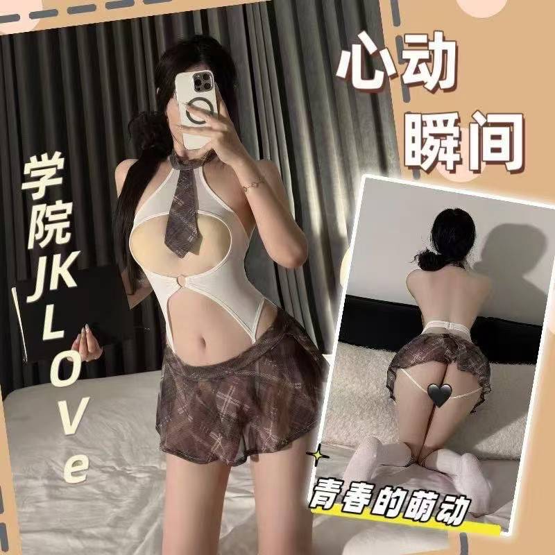 Retro JK Uniform Roleplay Lingerie Set with Plaid Jumpsuit and Student Socks — detail image 1