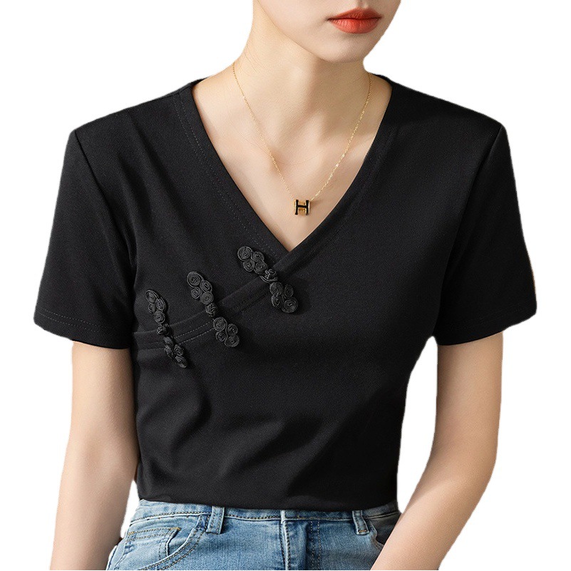 Camiseta de manga corta para mujer verano 2023 Nueva Camiseta de algodón con cuello en V de clavícula abierta para mujer Top retro chino con hebilla image 1