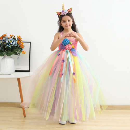 European and American children's clothing 2024 new lined girls' dress long floral tutu skirt mesh princess dress