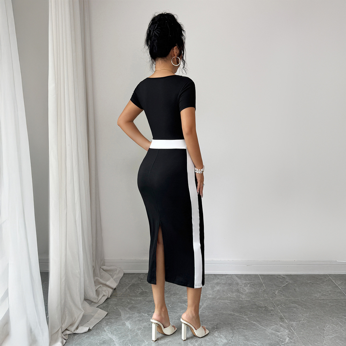 Women's Elegant Sophisticated Dress Slanted Neck Color Block Design Spring Summer Both Style And Comfort_ecoleips.com