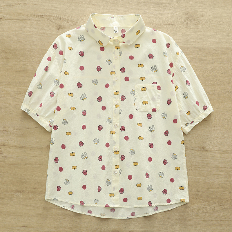 Japanese-Style Fresh Cartoon Cup Strawberry Print Graffiti Women's Loose Short-Sleeve Shirt Top Wholesale