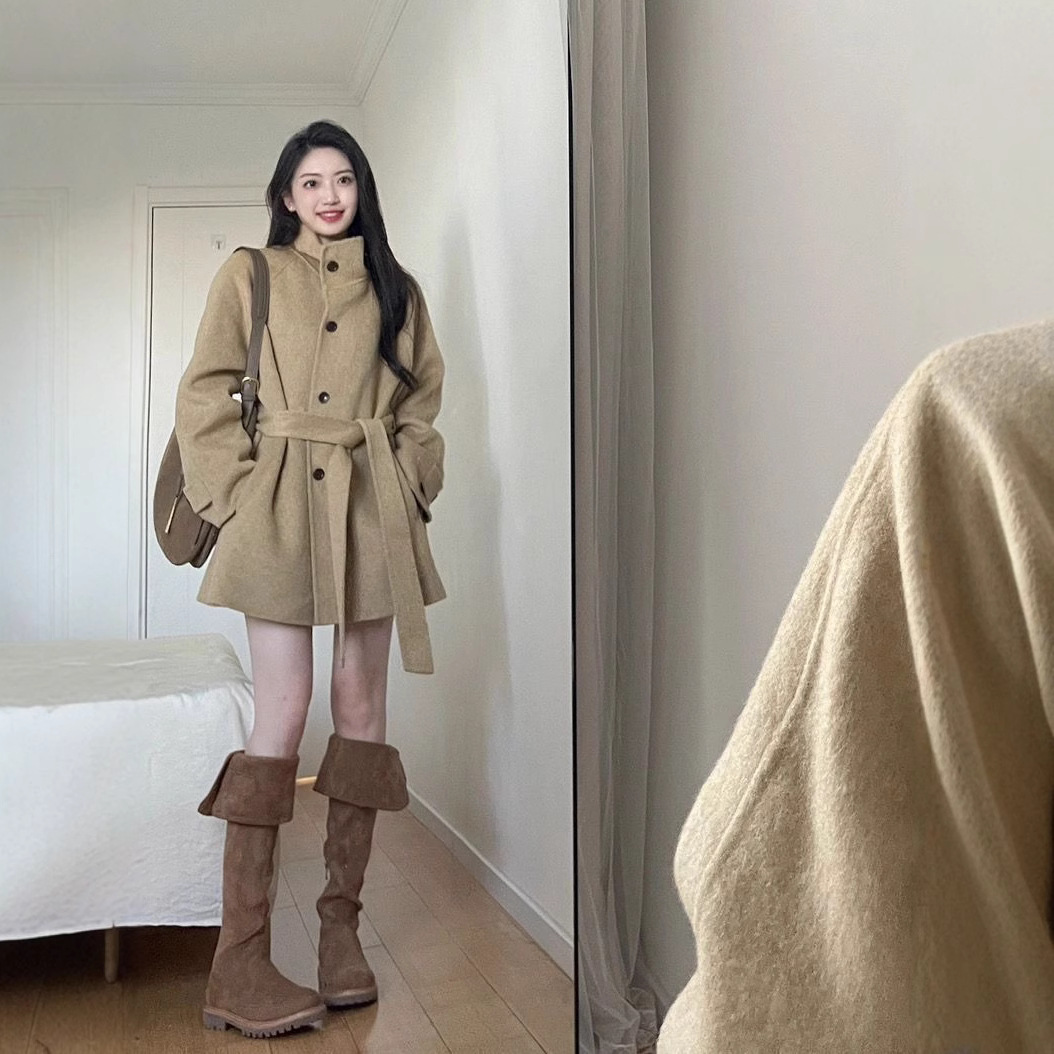 Korean version of loose stand collar double-sided woolen coat women's 2025 autumn and winter new khaki lace-up woolen coat