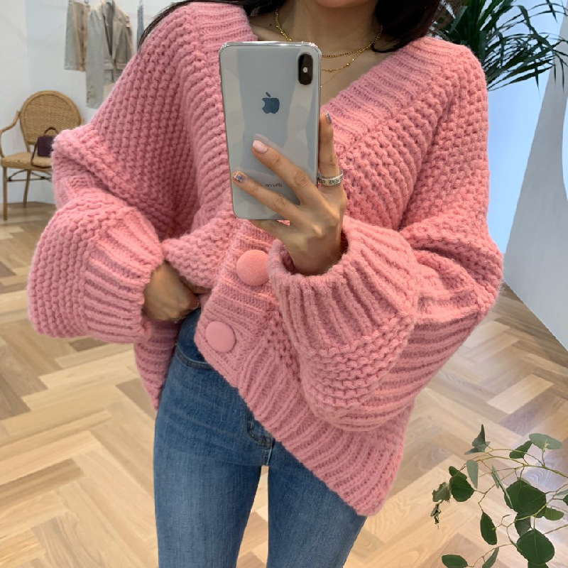 South Korea's Dongdaemun Thick Stick Needle Lantern Sleeve Outer Sweater Jacket for Women Versatile Loose Lazy Style Knitted Cardigan for Women