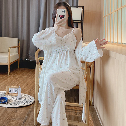 Three-Piece Nursing Pajamas with Bra Pads for Pregnant Women - Spring and Autumn Edition - Pure Cotton Maternity and Postpartum Wear - Summer Breastfeeding Clothing