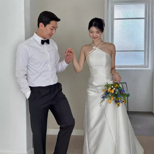 Korean Style Light Wedding Dress Satin Neck Niche Design High-grade White License Registration Banquet Elegant Evening Dress for Women