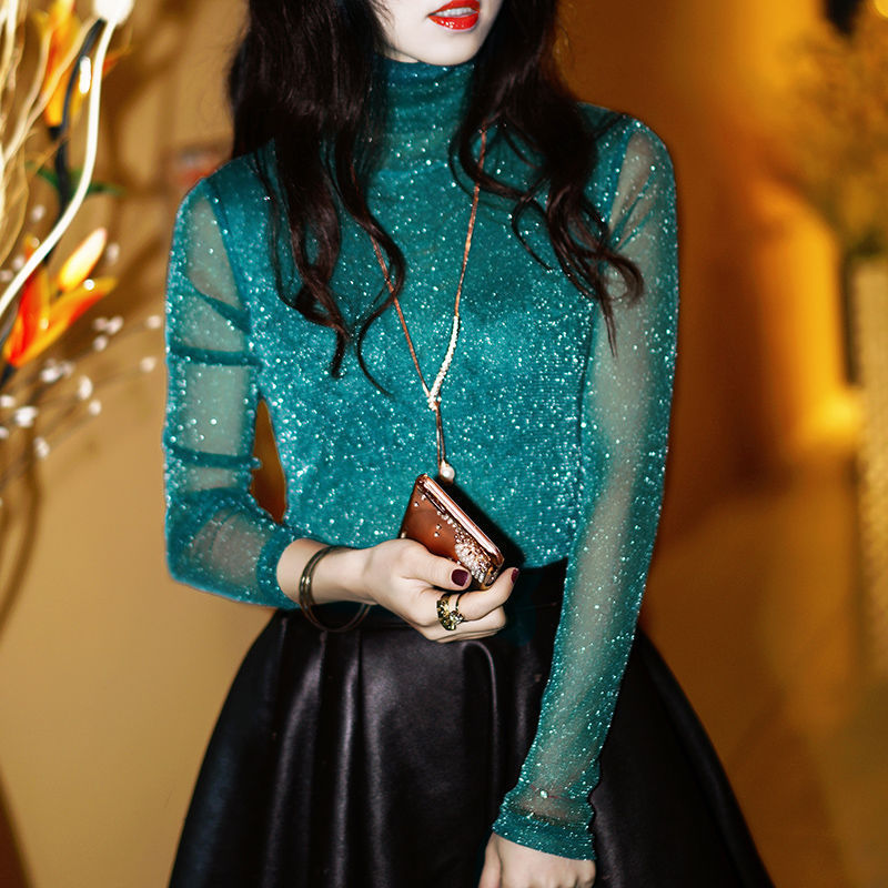 Spring and Autumn Round Neck Shirt for Women, Long-Sleeved, Versatile, Slim-Fitting Gold and Silver Mesh Top, Lace Shirt, Bottoming Shirt