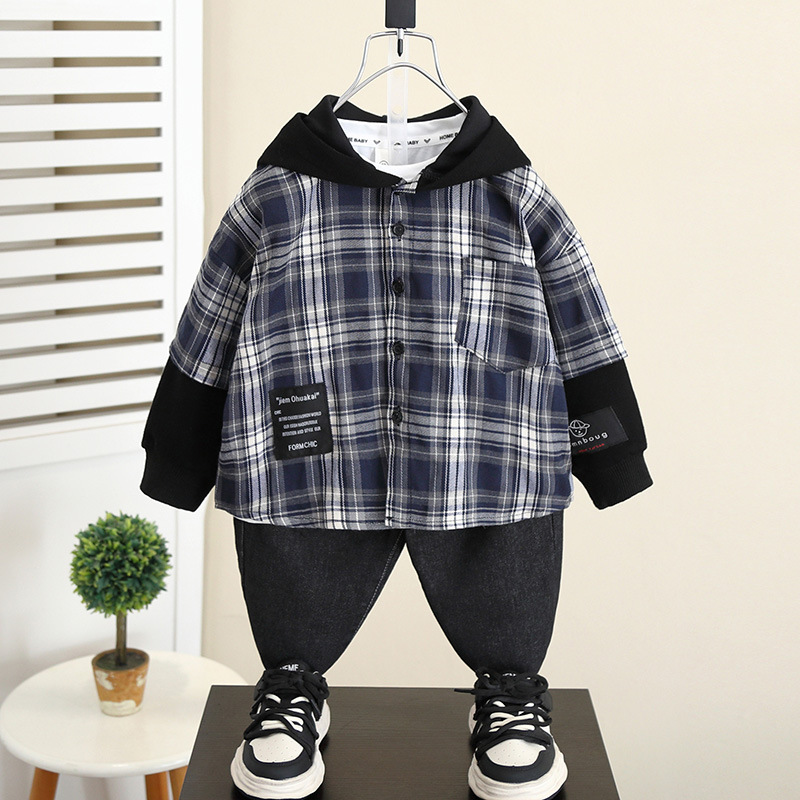 5989 Chaqueta de camisa con capucha de otoño para niños 2024 Nueva camisa a cuadros de manga larga de primavera y otoño para niños