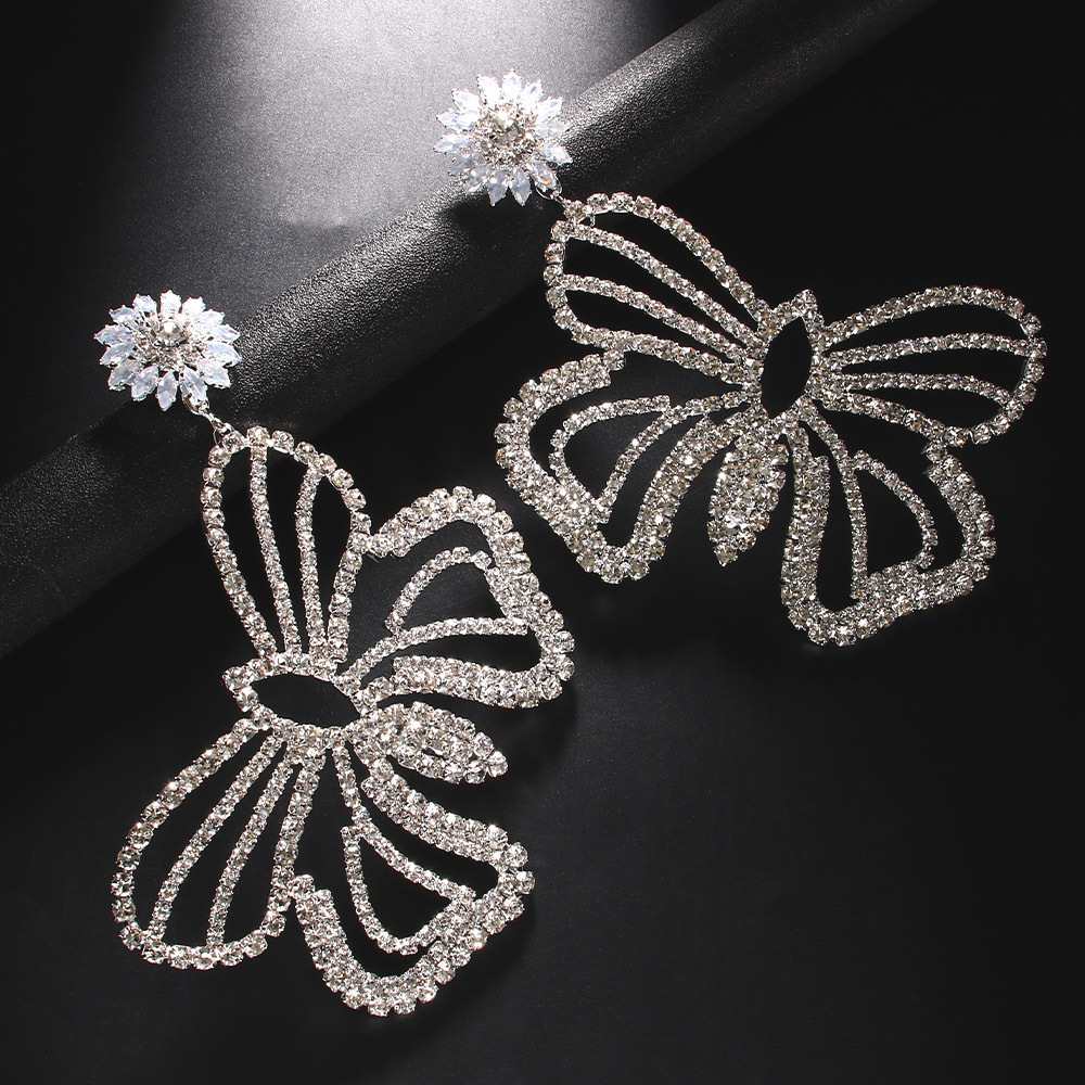 Holiday, Daily Occasion Copper Material 1 Pair Exaggerated Butterfly Plating Hollow Out Inlay Copper Rhinestones Drop Earrings