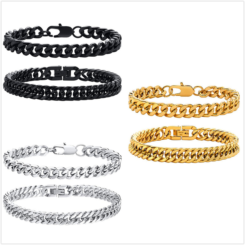Cross-Border Hot-Selling Stainless Steel Cuban Bracelet Fashionable Casual Figaro Titanium Steel Non-Fading Bracelet Gold Black