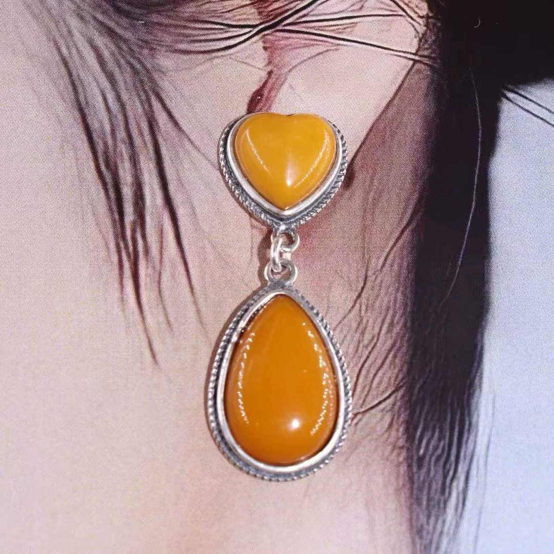Серьги из серебра 925 пробы с инкрустацией старого пчелиного воска, двойные серьги в форме сердца, ручная инкрустация, ювелирные изделия в средневековом стиле, ручная работа, могут быть оценены