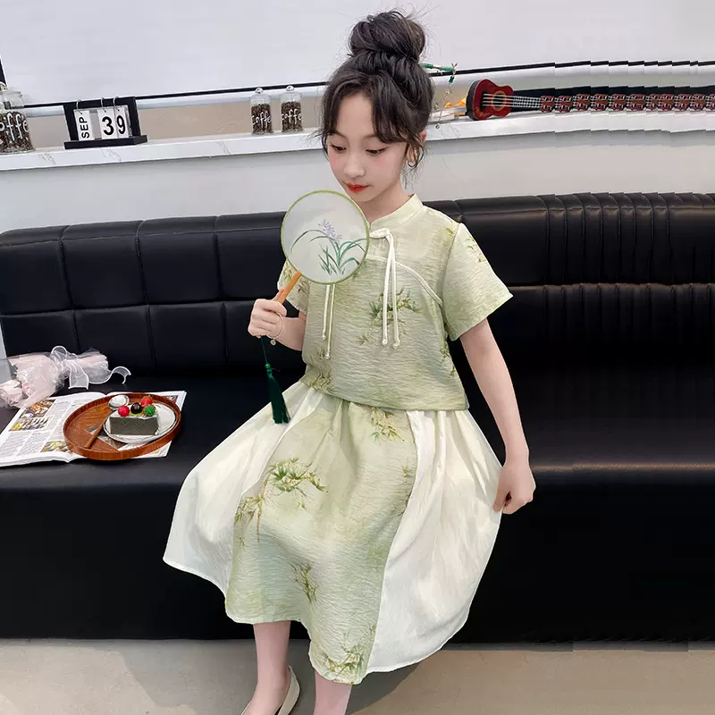女童中国风旗袍套裙夏装2024新款小女孩新中式复古裙子中式公主裙