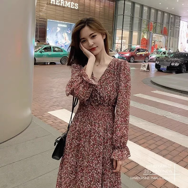 2023 New Long-sleeved Fairy Floral V-neck Dress Women's Spring and Autumn Mid-length Elegant Waisted Chiffon Dress