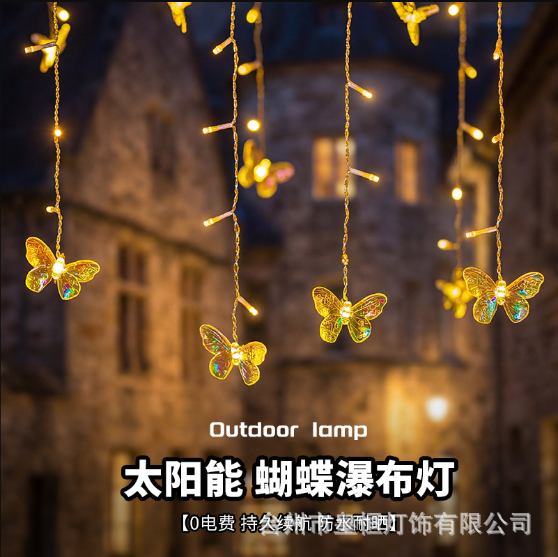 Solar al aire libre corriente de agua de hielo lámpara cadena mariposa lámpara de cascada lámpara de jardín impermeable lámpara de atmósfera led colgar árbol lámpara de color