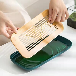 Ceramic tea tray household water storage small and medium size Tea Table Chinese bamboo rectangular dry bubble tray hotel tea tray gift