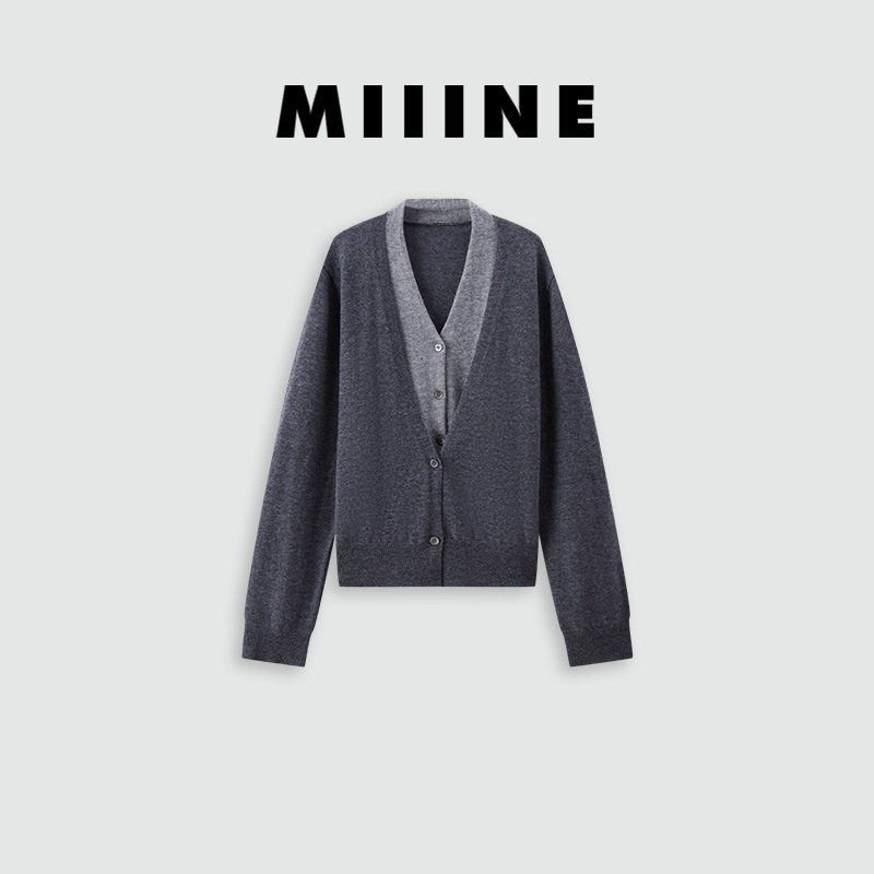 Miiine叠穿假两件V领灰色撞色开衫外套 羊毛针织衫初秋独特上衣|undefined