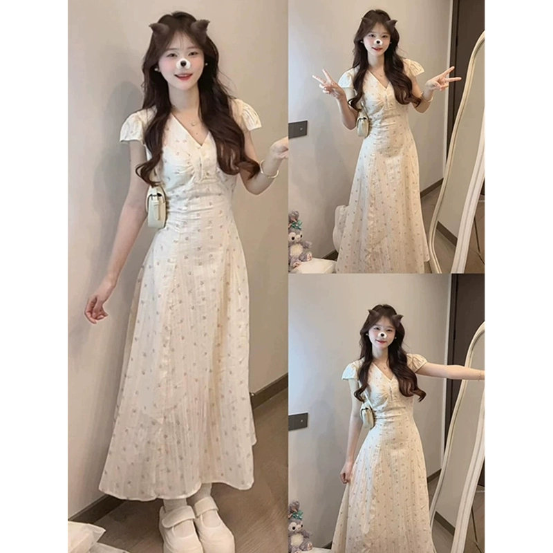 Милое женское студенческое платье во французском стиле, летнее нежное платье, длинное платье с v-образным вырезом и цветочным принтом на талии и развевающимися рукавами.